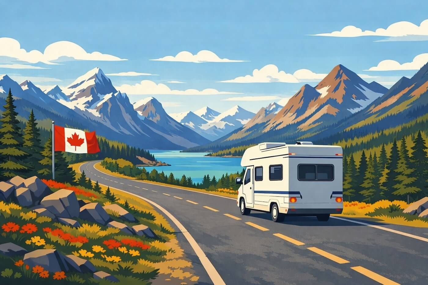 wohnmobil auf einer straße durch die berge in kanada mit blick auf einen see